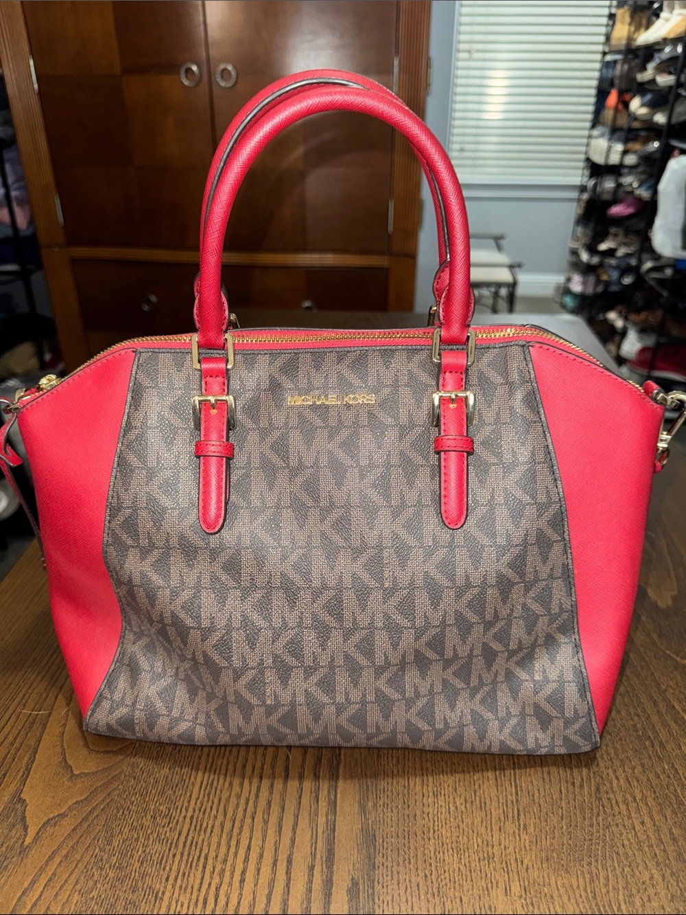 Michael Kors Brown MK Logo Satchel with Red Trim and Gold Hardware
